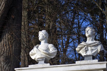 Statues. Architecture of Archangelskoye public park in Moscow region, Russia.