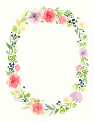 Beautiful vector wreath. Elegant floral composition with bright colorful flowers, petals and leaves. Design for invitation, wedding or greeting cards. Vector flowers set. Eps10 illustration.