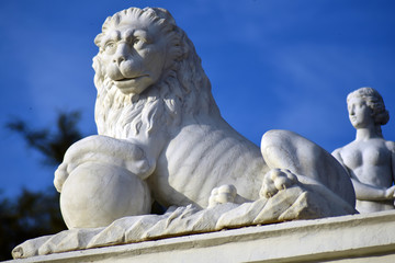Statue of a lion. Architecture of Archangelskoye public park in Moscow region, Russia.