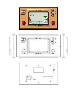A technical and vector illustration showing orthographic views of a vintage 1981 Nintendo Game & Watch - March 29, 2019 in Bristol, United Kingdom