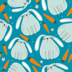 Rabbits with carrots, hand drawn backdrop. Colorful seamless pattern with animals, food. Decorative cute wallpaper, good for printing. Overlapping colored background vector