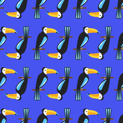 Seamless pattern, birds, hand drawn overlapping backdrop. Colorful background vector. Cute illustration, toucans. Decorative wallpaper, good for printing