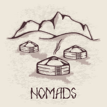 Sketch on the topic of life in Central Asia, nomads life, yurts in the mountains, yurts in vector