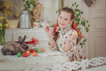 Little girl, Easter Bunny, Easter, painted eggs