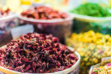Spices and herbs on the arab street market stall