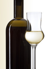 ein Glas Grappa und eine Flasche close up