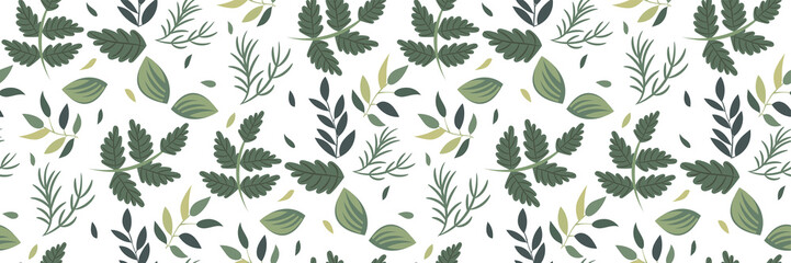 Plant leaves seamless pattern on white background. Botanical motifs in a refined muted and light shades of green. Vector illustration. Perfect for Wallpaper, wrapping paper, fabrics, covers... - 333895395