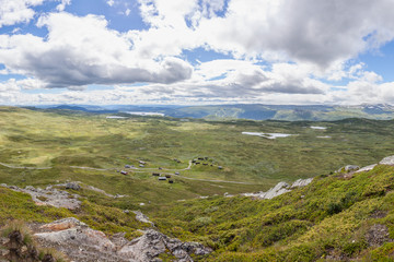 Top view of a small Norwegian village in the mountains. selective focus