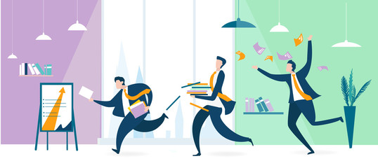 Group of business people running in office, get to the meeting. People overloaded with work. Open plan interior. Business concept illustration 