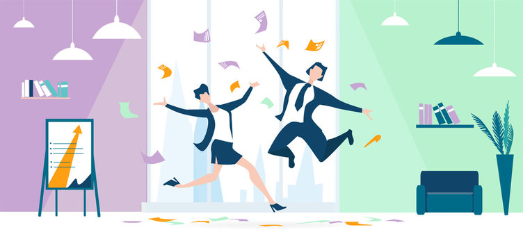 Happy business people celebrating success. People running and jumping, trouping papers and documents up in the air. Business concept illustration 