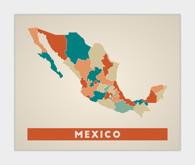 Mexico poster. Map of the country with colorful regions. Shape of Mexico with country name. Radiant vector illustration.