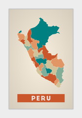 Peru poster. Map of the country with colorful regions. Shape of Peru with country name. Radiant vector illustration.