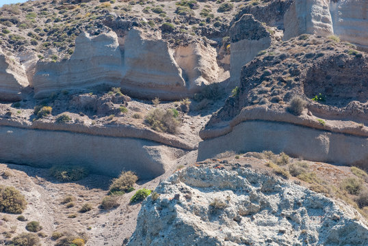 Layers of ash and pumice that testify to the large amount of material that escaped from the explosion   of the volcano on the island of Santorini, Cyclades   islands, Aegean sea, Greece, Europe