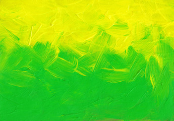 Fototapeta na wymiar Bright green and yellow background painting. Textured brush strokes on paper backdrop. Modern abstract art.