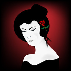 A portrait of a woman with a rose in her hair is featured in a minimalist fashion and beauty illustration.