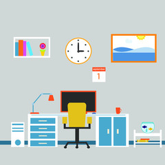 Office room design flat illustration. Vector illustration