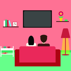 Family sitting on sofa front of the TV in the living room.  Vector flat illustration