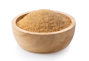 brown sugar in wood bowl isolated on white background