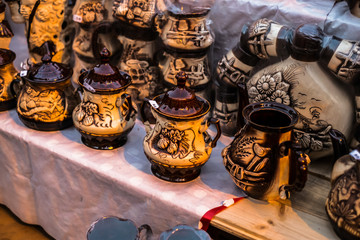 Traditional Romanian handmade ceramics market at the potters fair from Sibiu, Romania