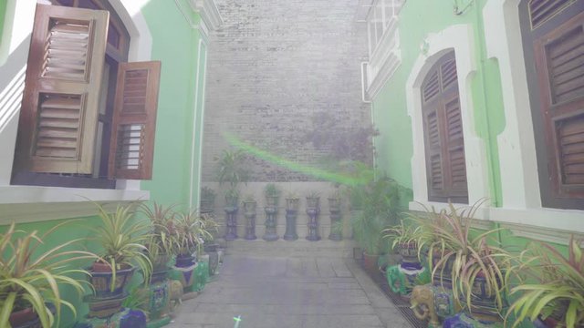 Walking On The Pavement Outside The Famous Pinang Peranakan Museum In George Town, Penang, Malaysia With Green Ornamental Plants In The Pots - Medium Shot