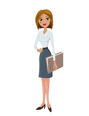 Pretty young business woman in suit - white shirt with gray skirt, standing and holding in a hand documents folder case isolated on white background. Character design cartoon lady, vector illustration