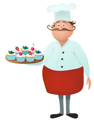 Cute isolated chef baker with mustache with a delicious strawberry, cherry and blueberry creamy cupcakes on the plate. Character design cartoon vector illustration