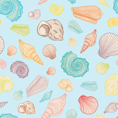 Colorful seamless pattern with seashells. Hand drawn outline vector illustration of underwater shells. Nautical background. Marine elements on pastel blue for cards, decoration, textile, print.