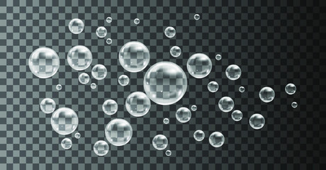 Flying transparent soap bubbles on checkered background.Reaistic colored balls.Vector texture.