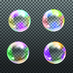 Flying transparent soap bubbles on checkered background.Reaistic colored balls.Vector texture.
