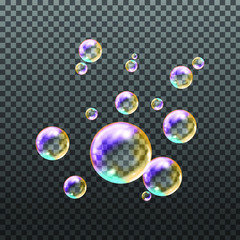 Flying transparent soap bubbles on checkered background.Reaistic colored balls.Vector texture.