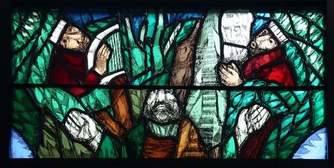 God, the Creator of all life, detail of stained glass window by Sieger Koder in church of Saint...