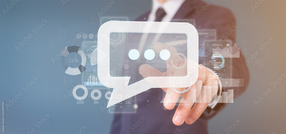 Poster view of a businessman holding a message icon with data in background - 3d rendering