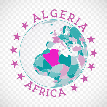 Algeria round logo. Badge of country with map of Algeria in world context. Country sticker stamp with globe map and round text. Stylish vector illustration.