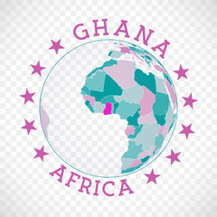 Ghana round logo. Badge of country with map of Ghana in world context. Country sticker stamp with globe map and round text. Captivating vector illustration.