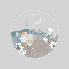 Seoul cityscape. Spring in South Korea. Magnolia blossom in asia. Namsan Seoul Tower. Bukchon hanok village.
