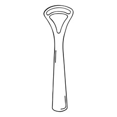 Scraper cleaning back of tongue with plastic handle. Dental product personal oral hygiene home bathroom. Vector isolated template flat doodle realistic drawing with black outline white background icon