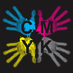Obraz premium CMYK print colors background with handprints. CMYK cyan magenta yellow black inks and sign CMYK on black background. Concept for presenting color printing. Vector available.