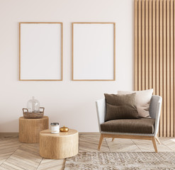 Cozy living room interior, Scandinavian style empty frame mock up. Rattan chairs , wooden table, furniture and elegant accessories. ready to use 