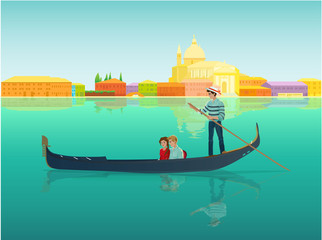 Gondolier in a gondola boat with a couple in love in a beautiful and romantic city Venice, Italy. Vector design illustration Venezia colorful landscape, italian street seafront silhouette, canal. © Yury