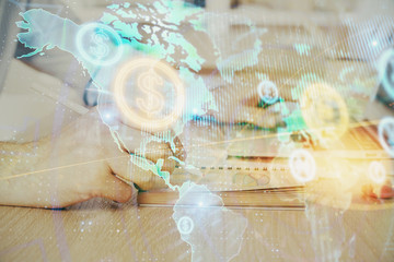 Multi exposure of financial graph with man works in office on background. Concept of analysis.