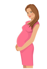 Beautiful young pregnant woman in pretty pink dress expecting a baby. Vector character design illustration, isolated on a white background 