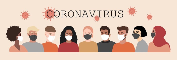 Coronavirus, covid-19. People in white and black medical face mask. Vector banner illustration.