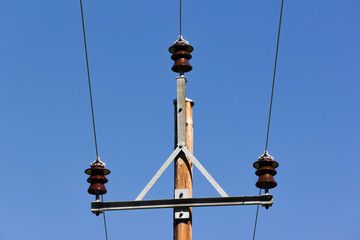 old wooden electricity pole with wires