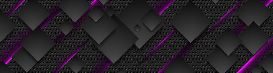 Futuristic technology background with black squares and neon purple light. Vector banner design
