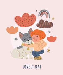 Illustration of child with french bulldog puppy