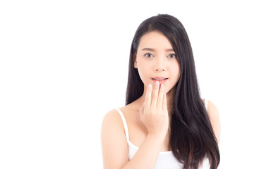 Fototapeta premium Portrait of asian woman surprise, beautiful girl with expression excited and surprise isolated on white background, Expressive facial emotion concept.