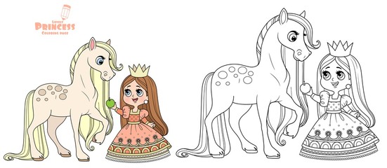 Cute cartoon princess feed a horse an apple outlined and color for coloring book
