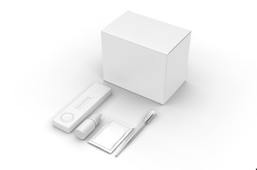 Blank rapid home self test kit packaging for branding, 3d render illustration.