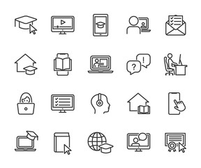 Vector set of online education line icons. Contains icons remote learning, video lesson, online course, homework, online test, webinar, audio course and more. Pixel perfect.