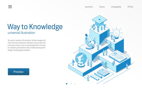 Way to Knowledge. Learning students teamwork. Education system modern isometric line illustration. University courses, school class, book icons. 3d vector background. Growth step infographic concept.